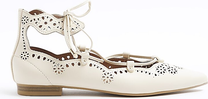River Island Cream Cut Out Lace Up Ballet Pumps