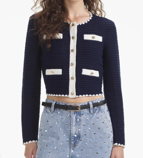 Self Portrait Navy Crochet Contrast Trim Cardigan