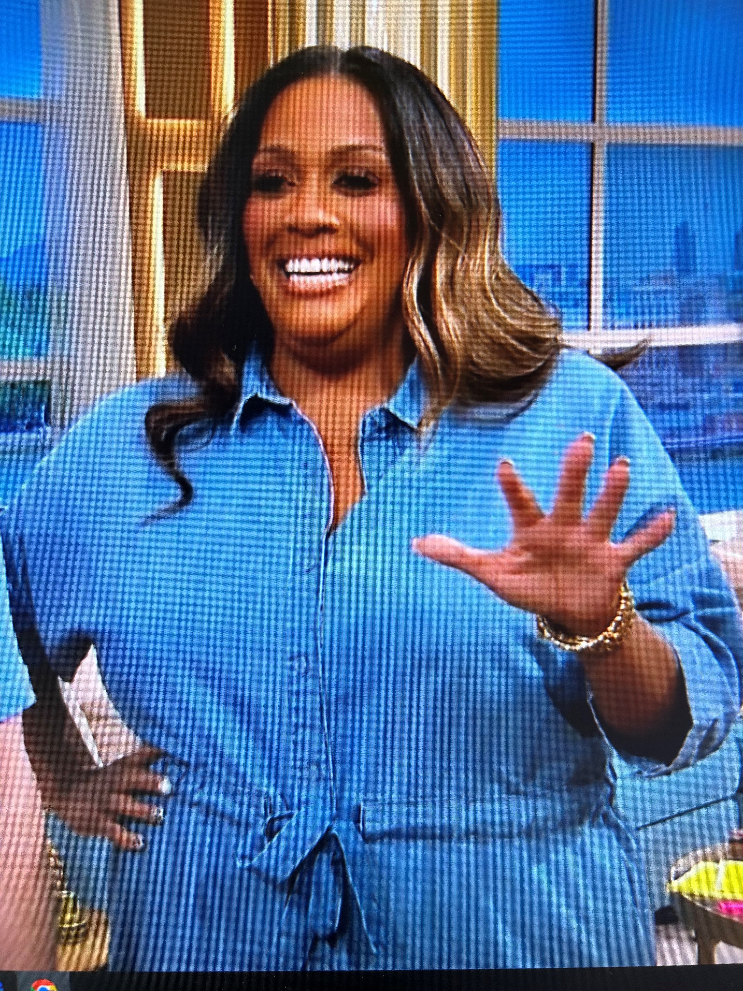 where to get all Alison Hammond This Morning outfits chambray denim blue tie waist shirt dress 3 May 2024 Photo ITV