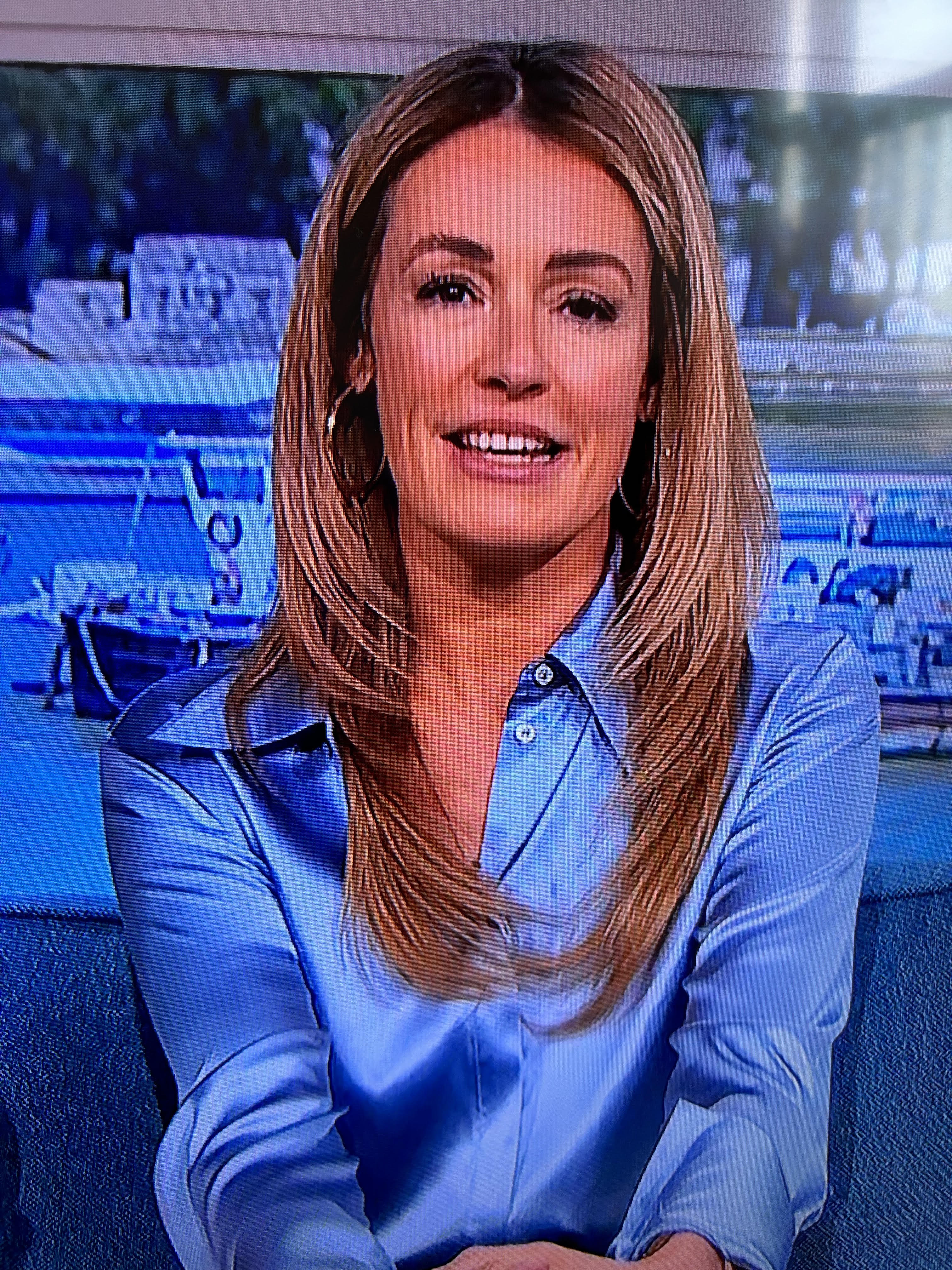 where to get all Cat Deeley This Morning outfits blue satin shirt blue twill trousers white platform sandals 20 May 2024 Photo ITV