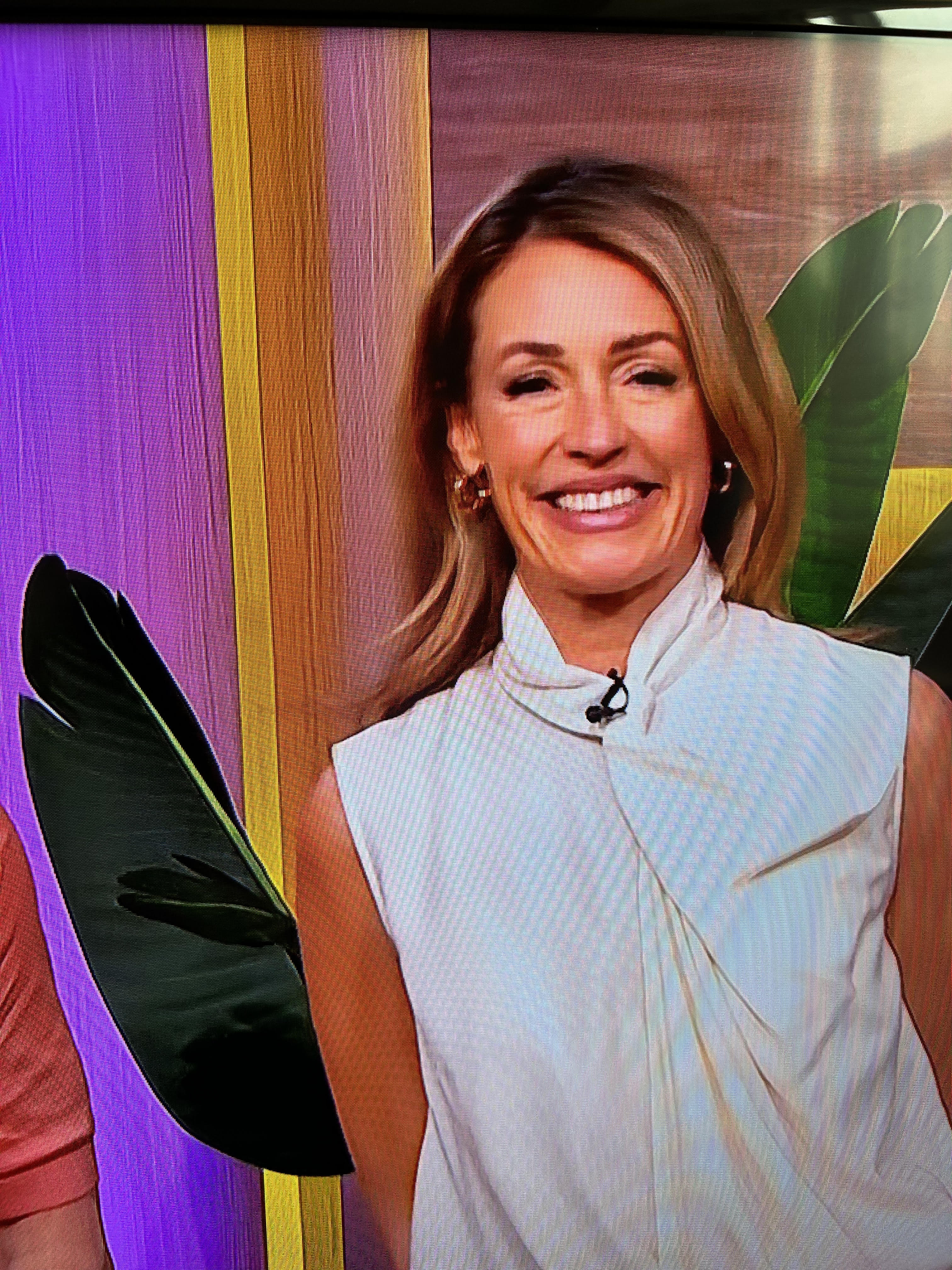 where to get all Cat Deeley This Morning outfits ivory knotted sleeveless top beige trousers beige sandals 21 May 2024 Photo ITV