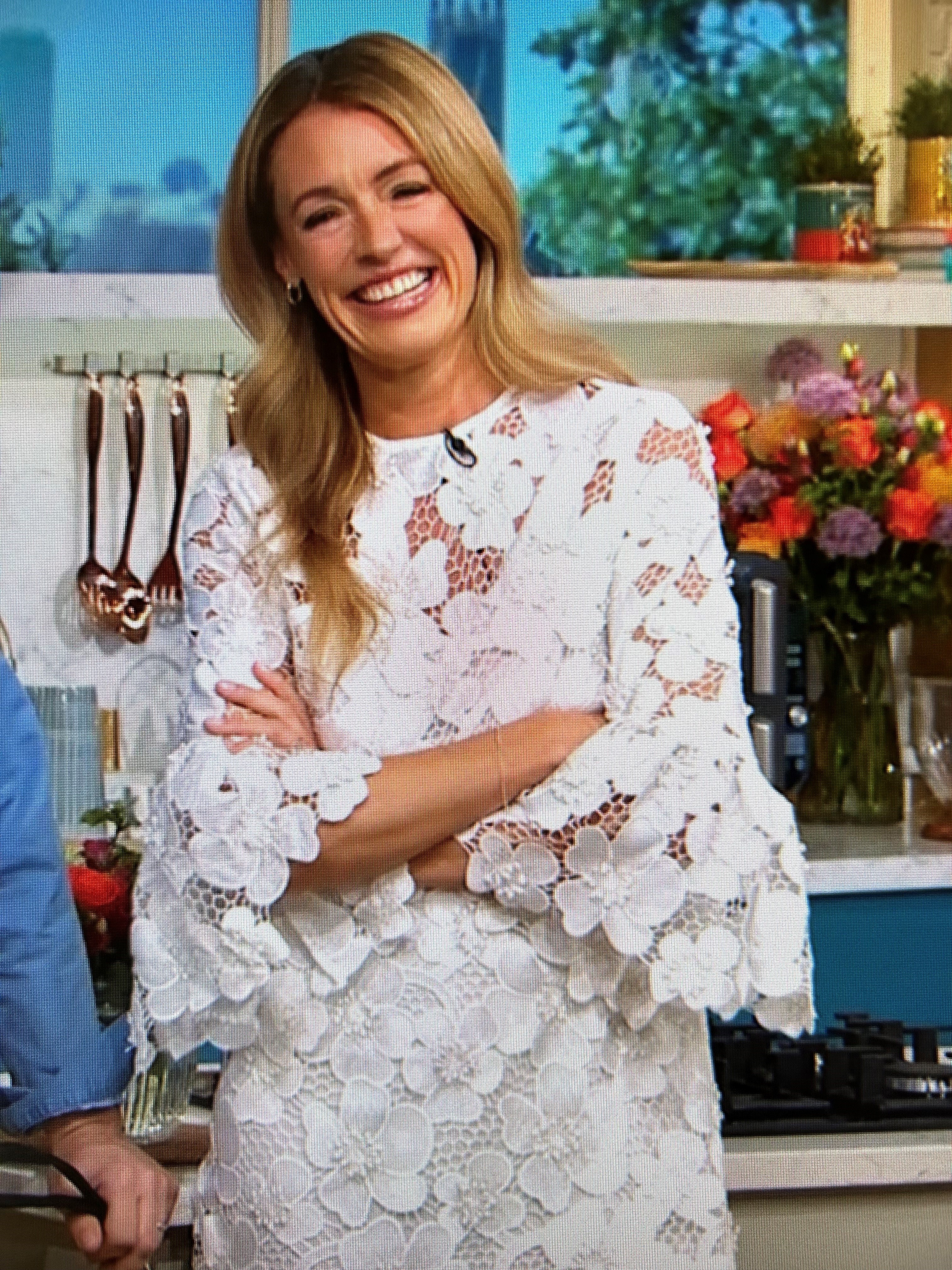 where to get all Cat Deeley This Morning outfits white floral lace mini dress 1 May 2024 Photo ITVwhere to get all Cat Deeley This Morning outfits white floral lace mini dress 1 May 2024 Photo ITV