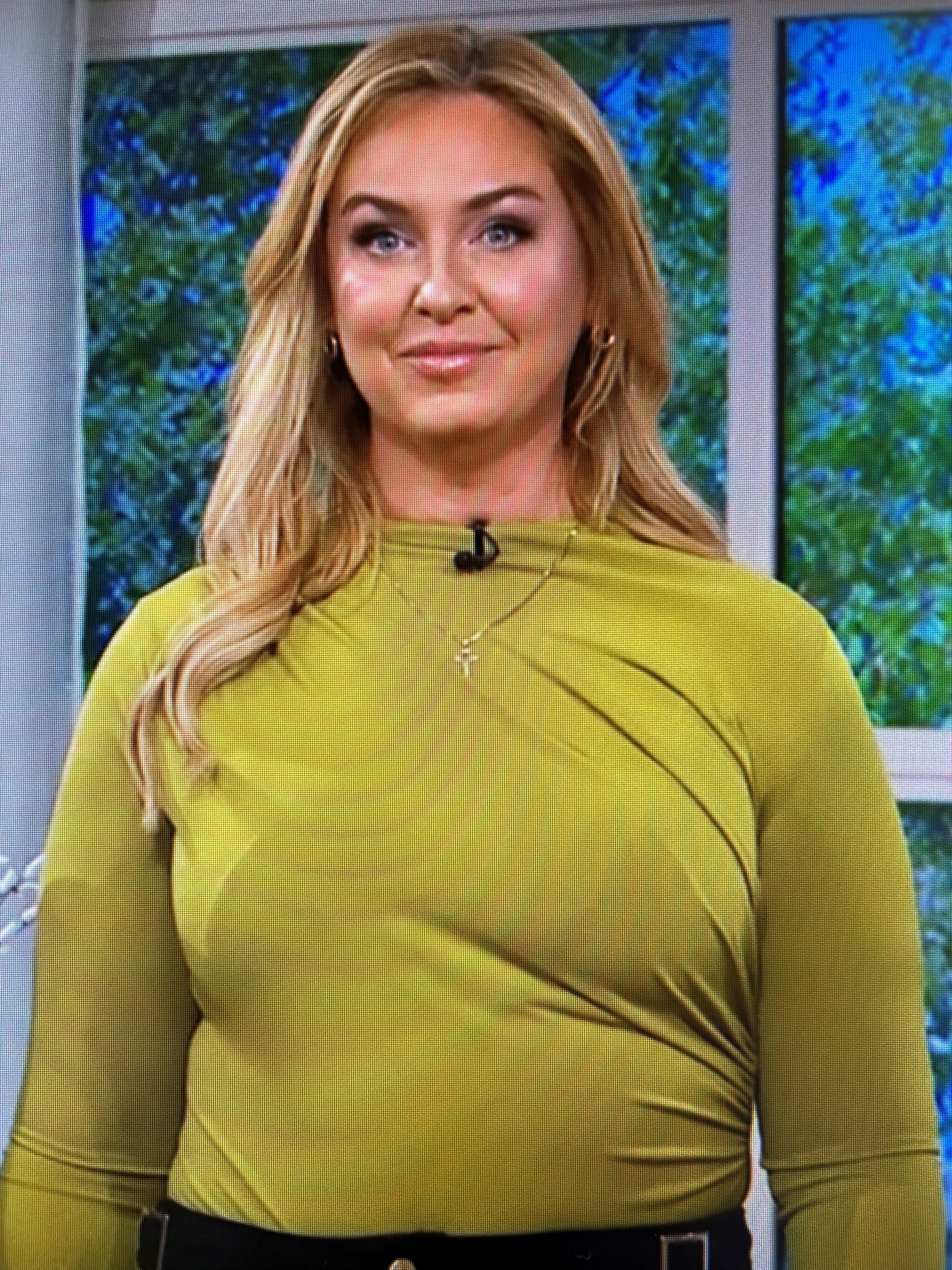 where to get all Josie Gibson This Morning outfits olive green draped top black flared jeans 29 May 2024 Photo ITV