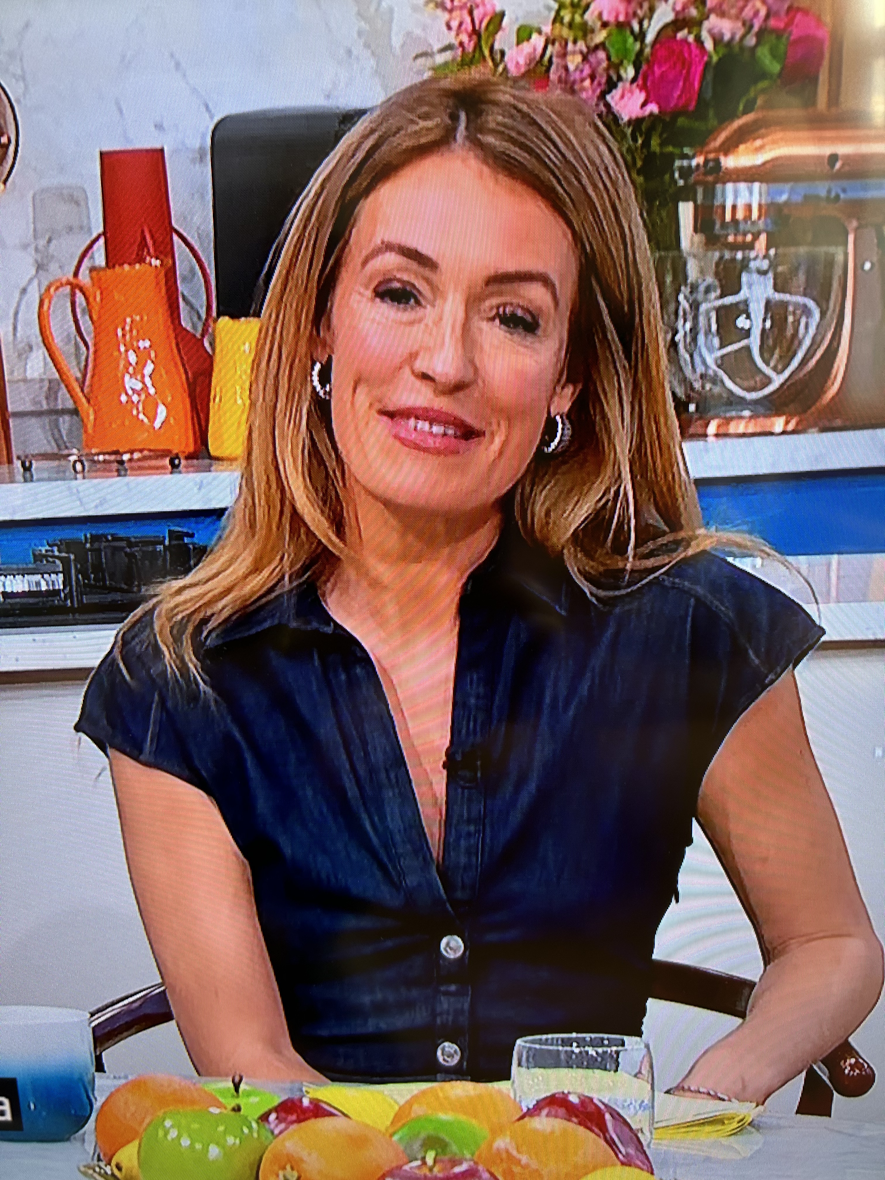 where to get all CAt Deeley This Morning dresses blue midi shirt dress silver sandals 24 June 2024 Photo ITV