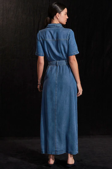 Next Mid Blue Denim Maxi Dress back view