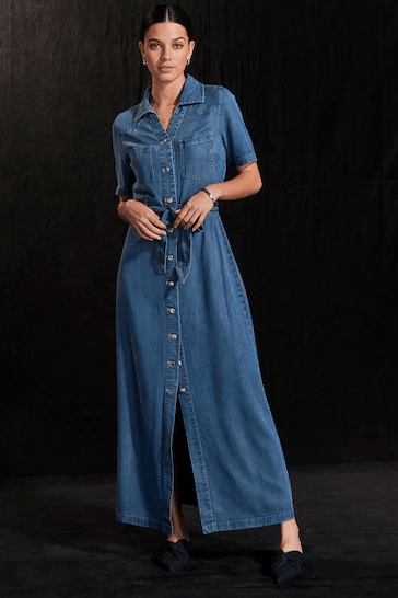 denim dress fall 2024 AJE Fallingwater Gathered Midi Dress – Borrowed From main image 0