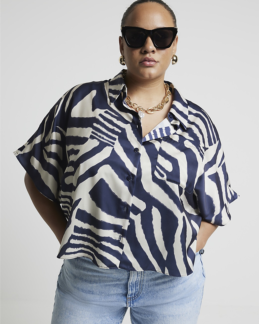 River Island Navy Satin Animal Print Crop Shirt