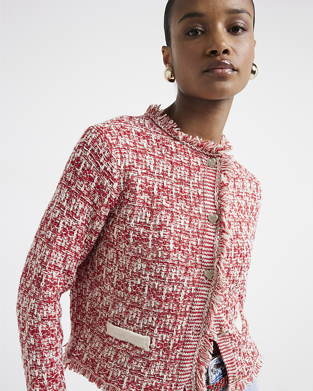 River Island Red Boucle Trophy Cardigan