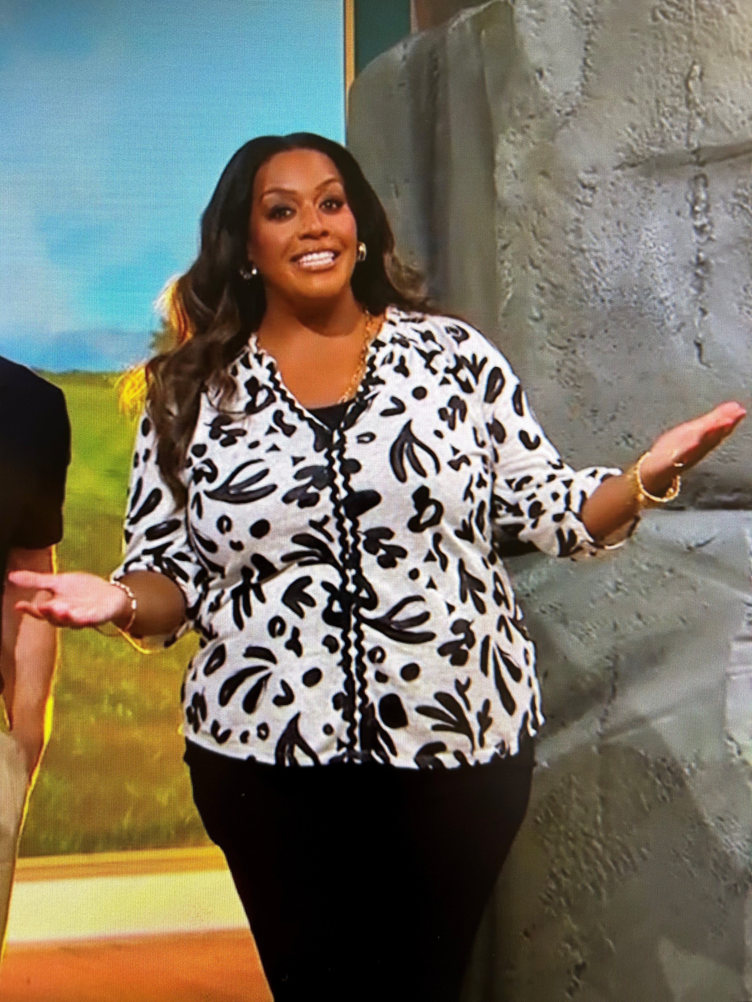 where to get all Alison Hammond This Morning outfits ivory and black paint brush stroke print ric rac top black trousers 21 June 2024 Photo ITV