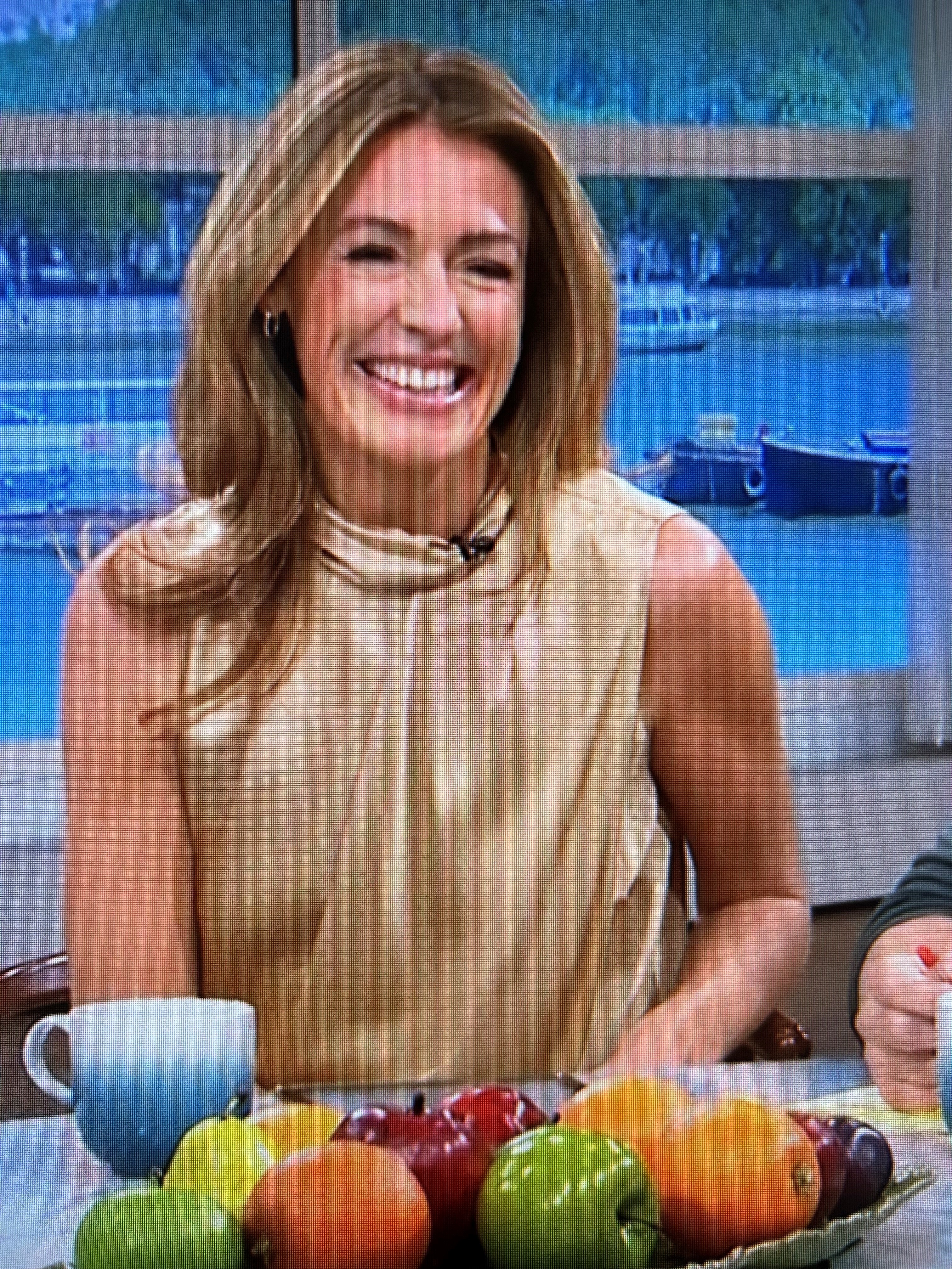 where to get all Cat Deeley This Morning outfits gold sleeveless silk top beige trousers 12 June 2024 Photo ITV
