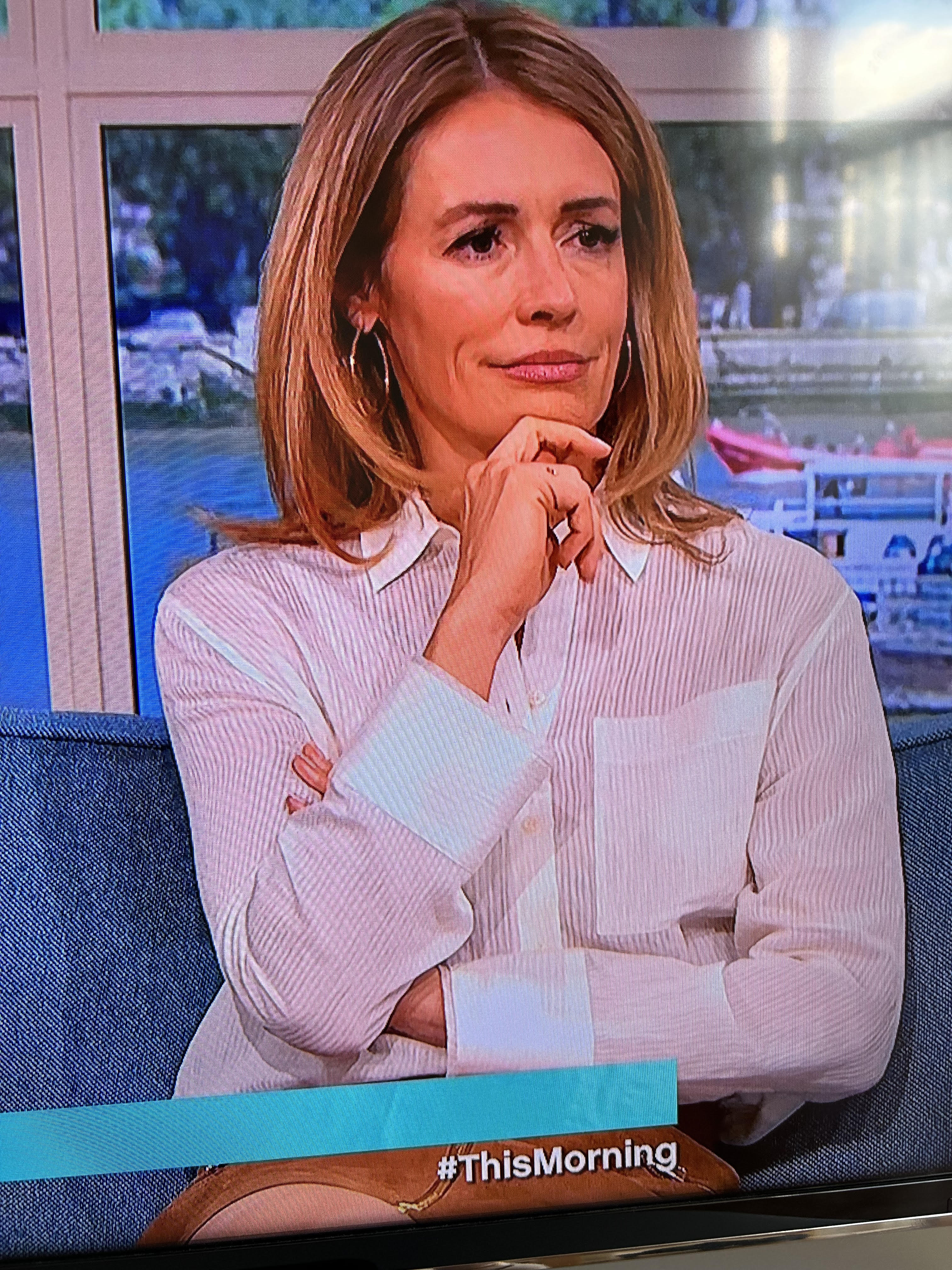 where to get all Cat Deeley This Morning outfits white striped shirt tan suede mini skirt gold lace up flat sandals 17 June 2024 Photo ITV