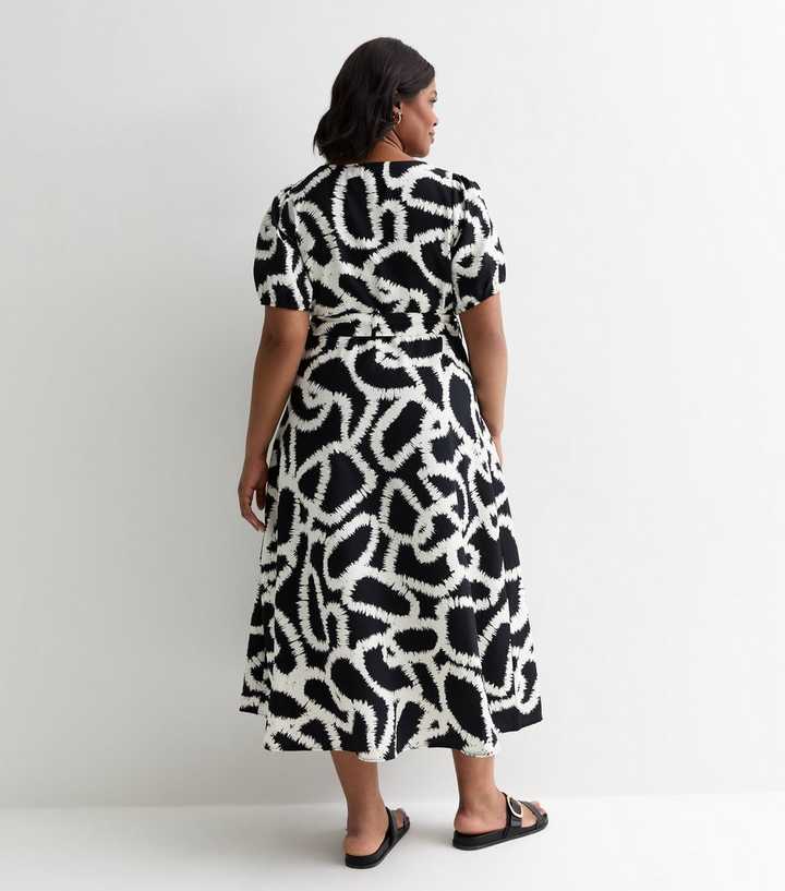 New Look Curves Black Abstract Print Belted Midi Dress back view