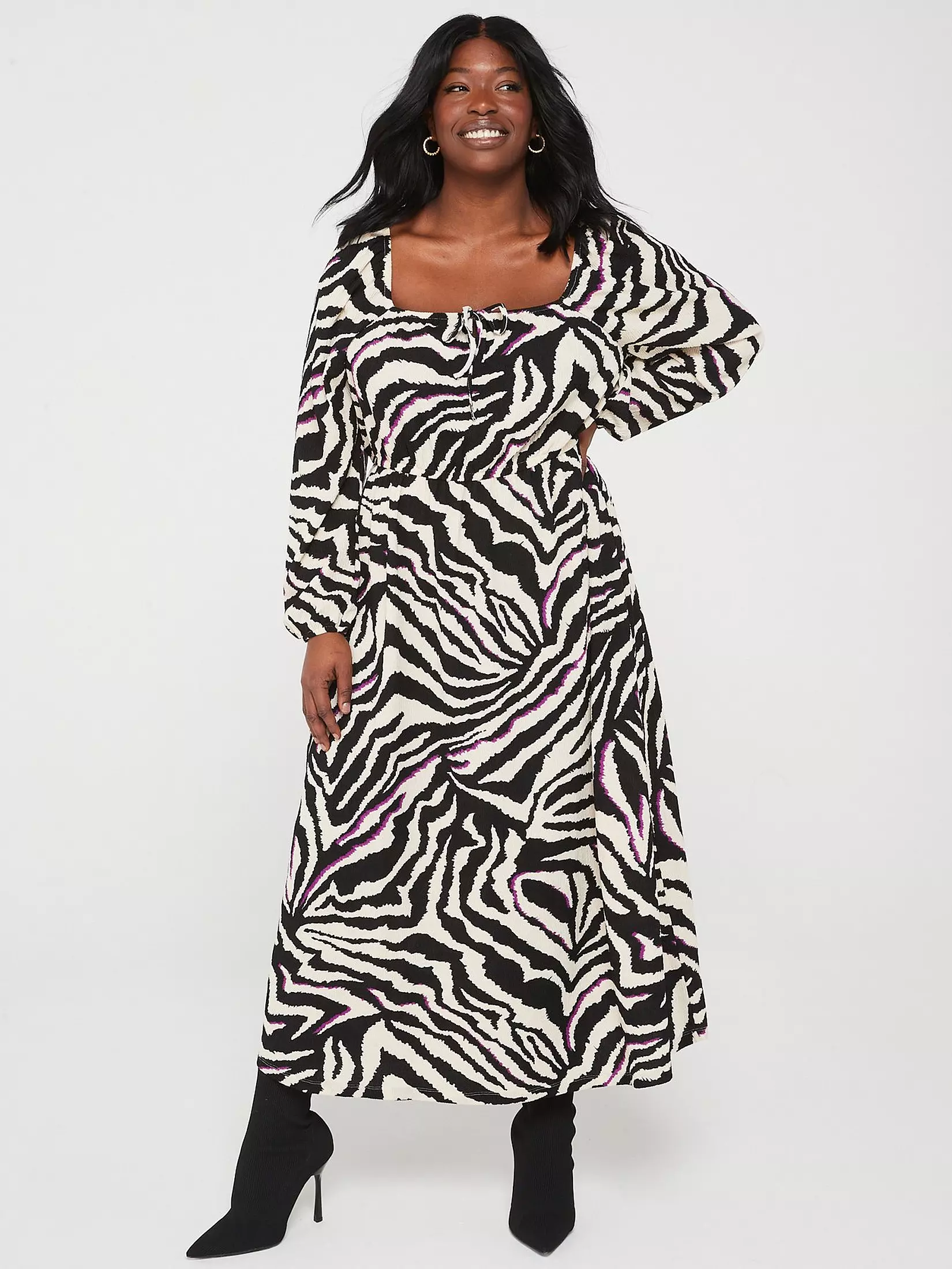 V by Very Curve Square Neck Zebra Midi Dress