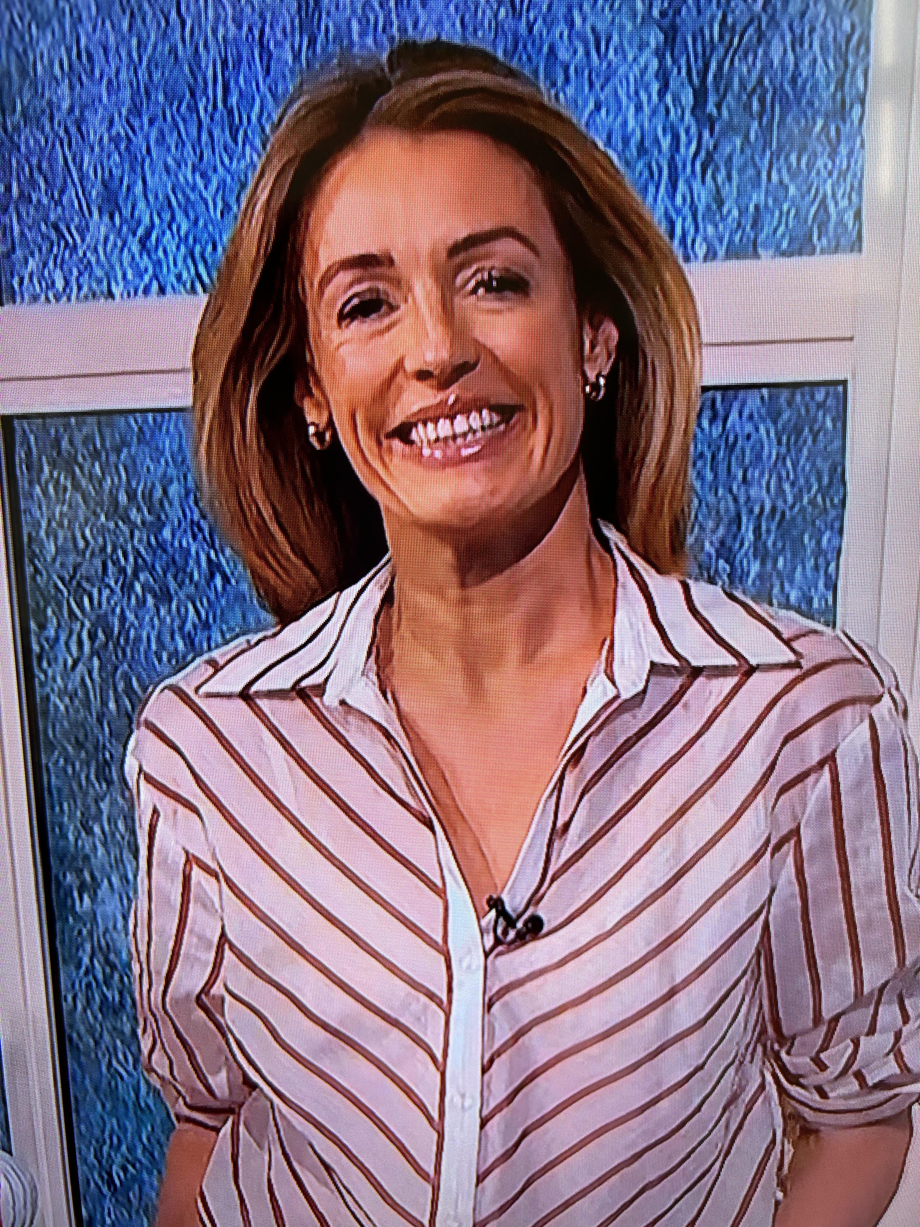 where to get all Cat Deeley This Morning outfits white and brown striped shirt off white jeans 1 July 2024 Photo ITV