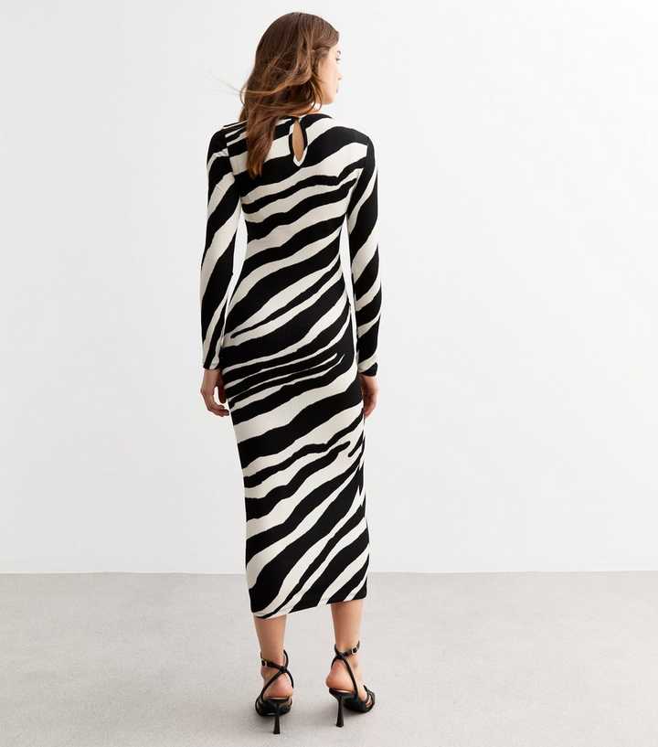 New Look Black Zebra Print Crinkled Long Sleeve Midi Dress back view