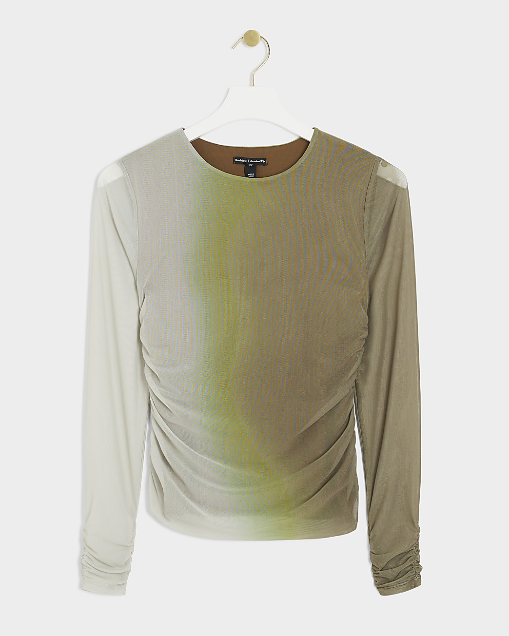 River Island Green Mesh Ombre Ruched Long Sleeve Top