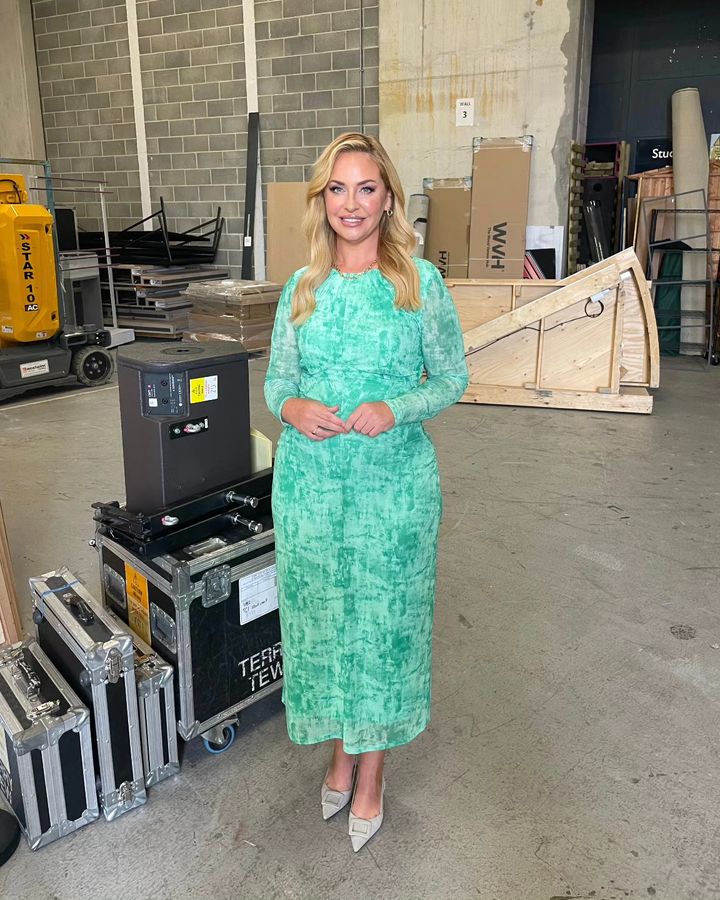 where to get all Josie Gibson this Morning outfits green brushwork print mesh midi dress what is josie wearing 5 August 2024 Photo Josie Gibson