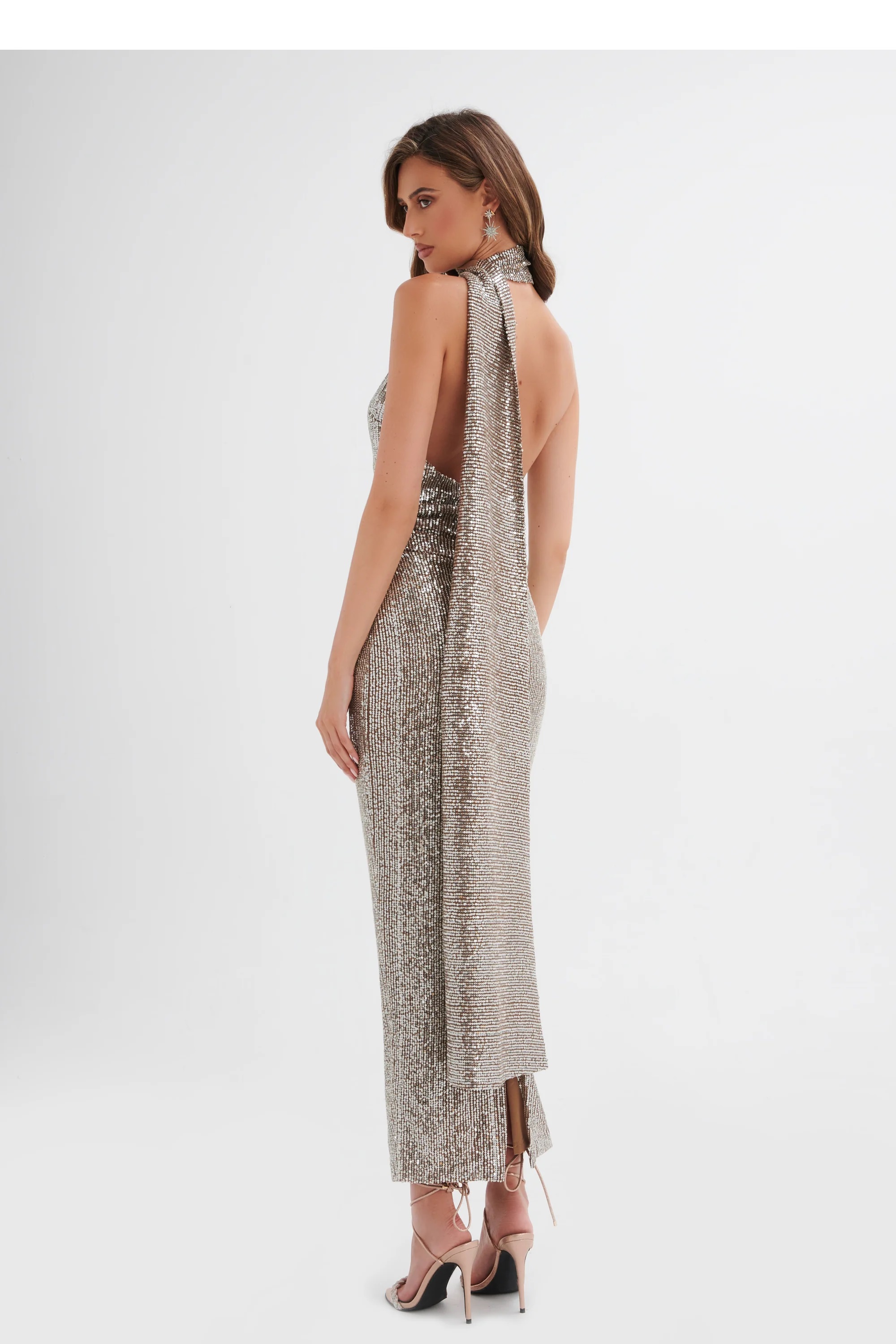 Lavish Alice ALANNI Stretch Sequin Longline Scarf Maxi Dress back view