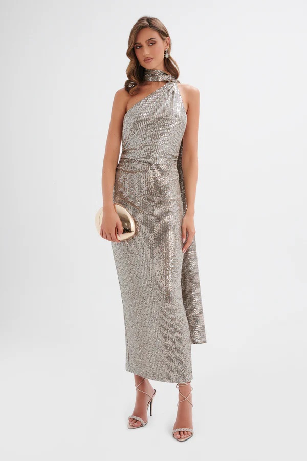 Lavish Alice ALANNI Stretch Sequin Longline Scarf Maxi Dress