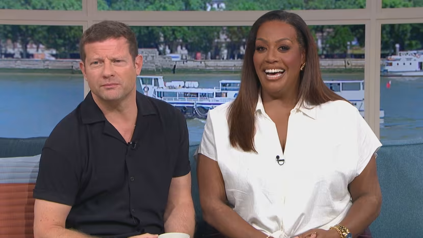 where to get all Alison Hammond This Morning outfits white tie fron shirtt faux leather burgundy midi skirt what is alison wearing 27 September 2024 Photo ITV