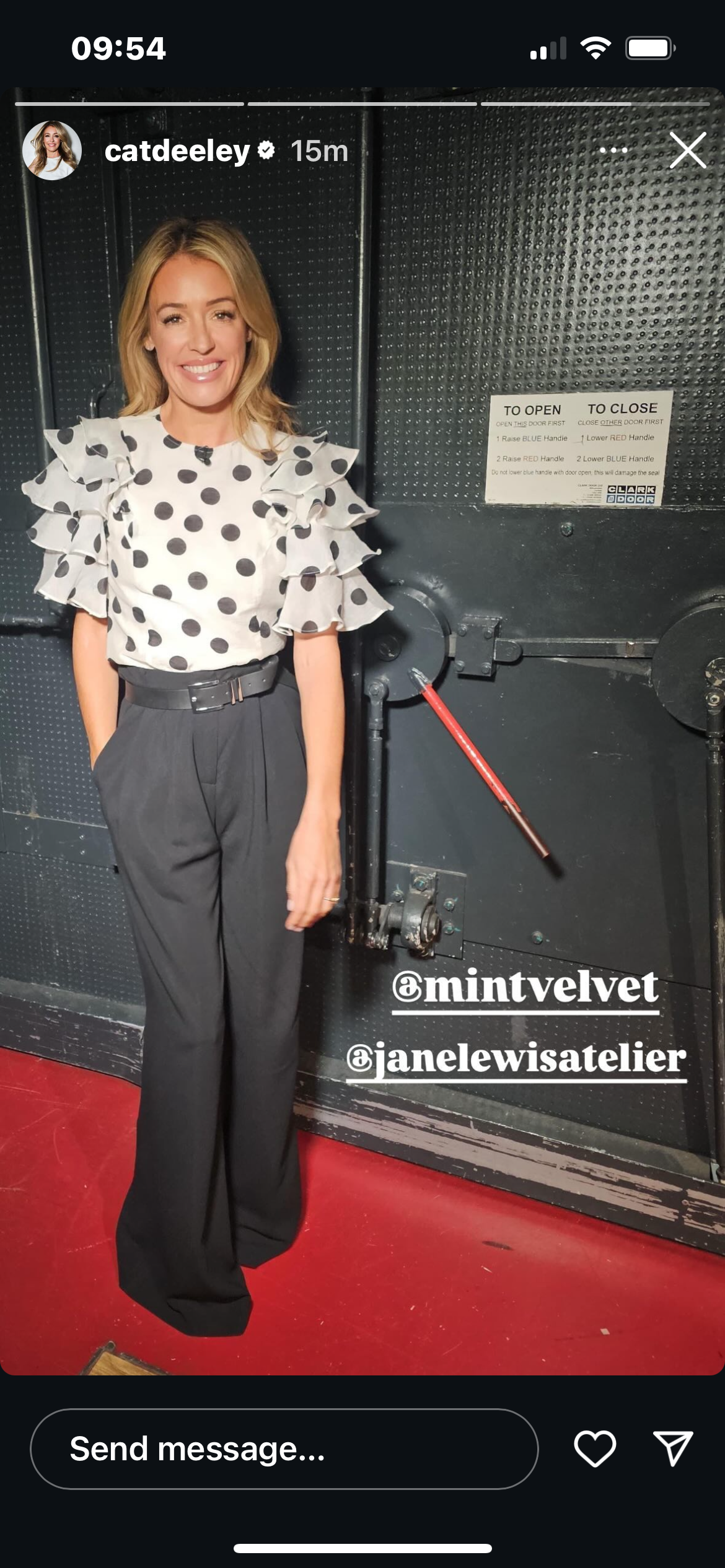 where to get all Cat Deeley this Morning outfits black polka dot ruffle sleeve blouse black wide leg trousers what is Cat wearing 24 September 2024 Photo Cat Deeley