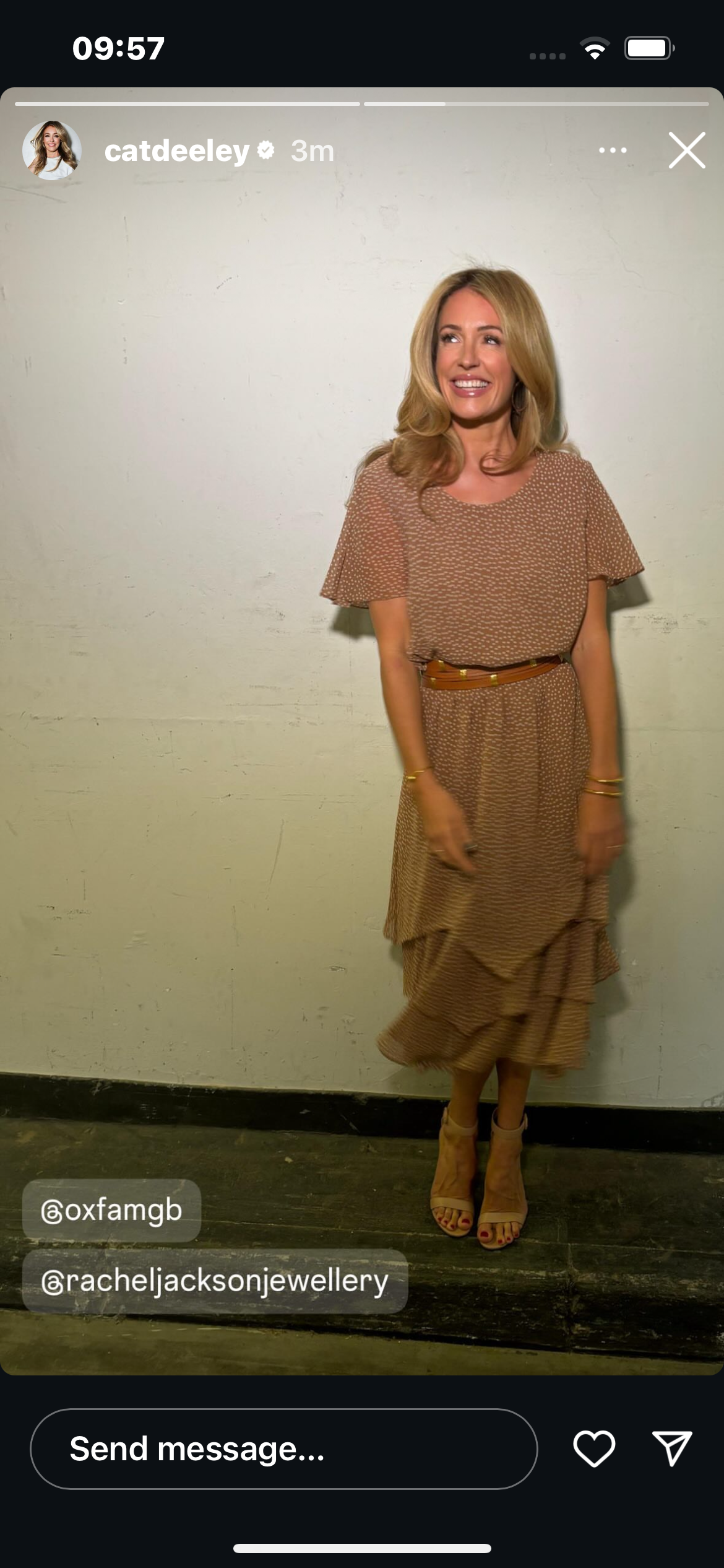 where to get all Cat Deeley this Morning outfits brown poka top short sleeve top and ruffle skirt cream sandals strappy sandals what is Cat wearing 19 September 2024 Photo Cat Deeley