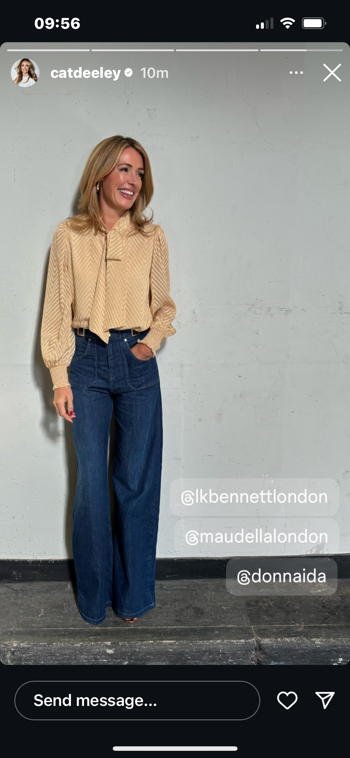 where to get all Cat Deeley this Morning outfits camel chevron blouse high waist blue jeans what is Cat wearing 12 September 2024 Photo Cat Deeley