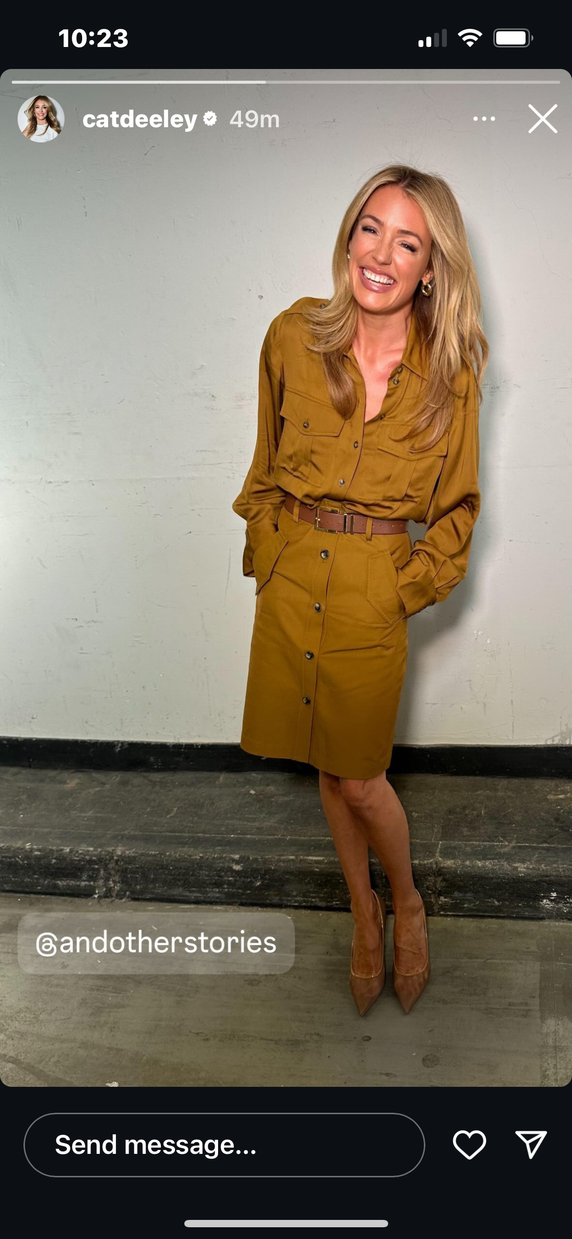 where to get all Cat Deeley this Morning outfits mustard utility shirt and midi skirt co ord what is Cat wearing 11 September 2024 Photo Cat Deeley