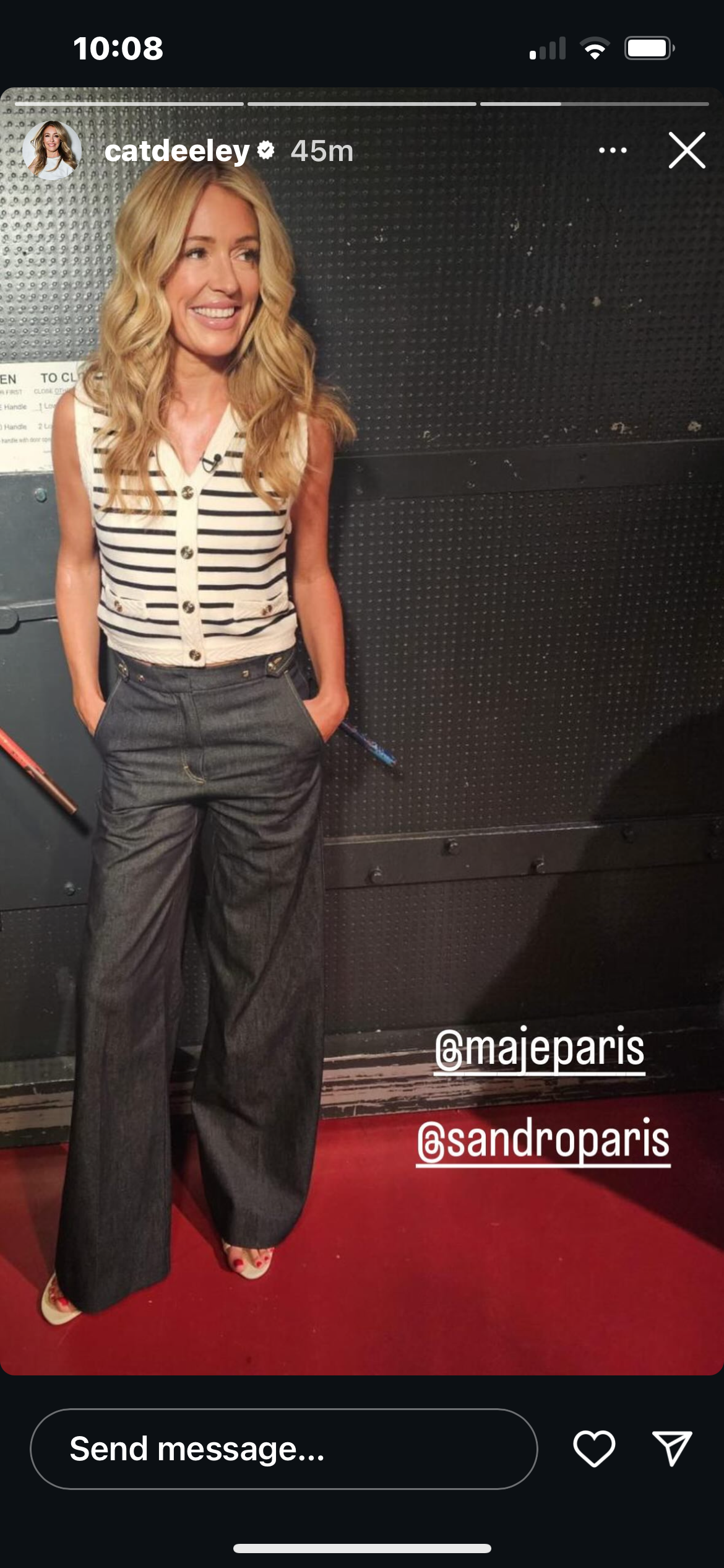 where to get all Cat Deeley this Morning outfits striped sleeveless cardigan dark blue jeans what is Cat wearing 4 September 2024 Photo Cat Deeley