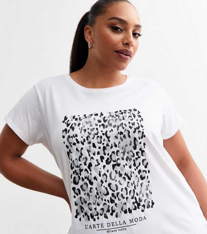 New Look Curves White Square Leopard Print T-Shirt