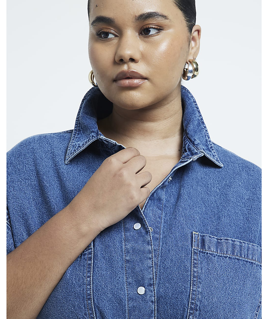 River Island Plus blue denim belted midi shirt dress detail