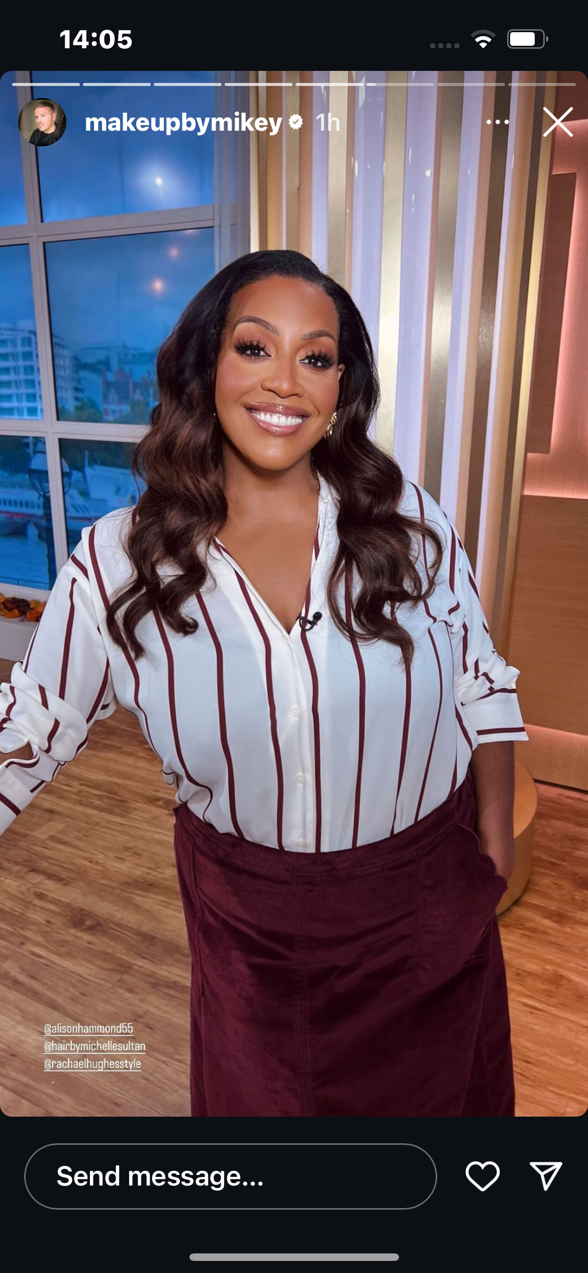 where to get all Alison Hammond This Morning outfits white and burgundy striped shirt burgundy corduroy midi skirt what is alison wearing 18 October 2024 Photo Mikey Phillips
