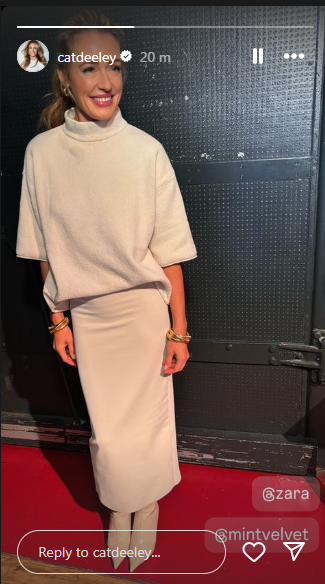 where to get all Cat Deeley this Morning outfits cream ecru high neck knit sweater and knit midi skirt white stiletto knee high boots what is Cat wearing 9 October 2024 Photo Cat Deeley