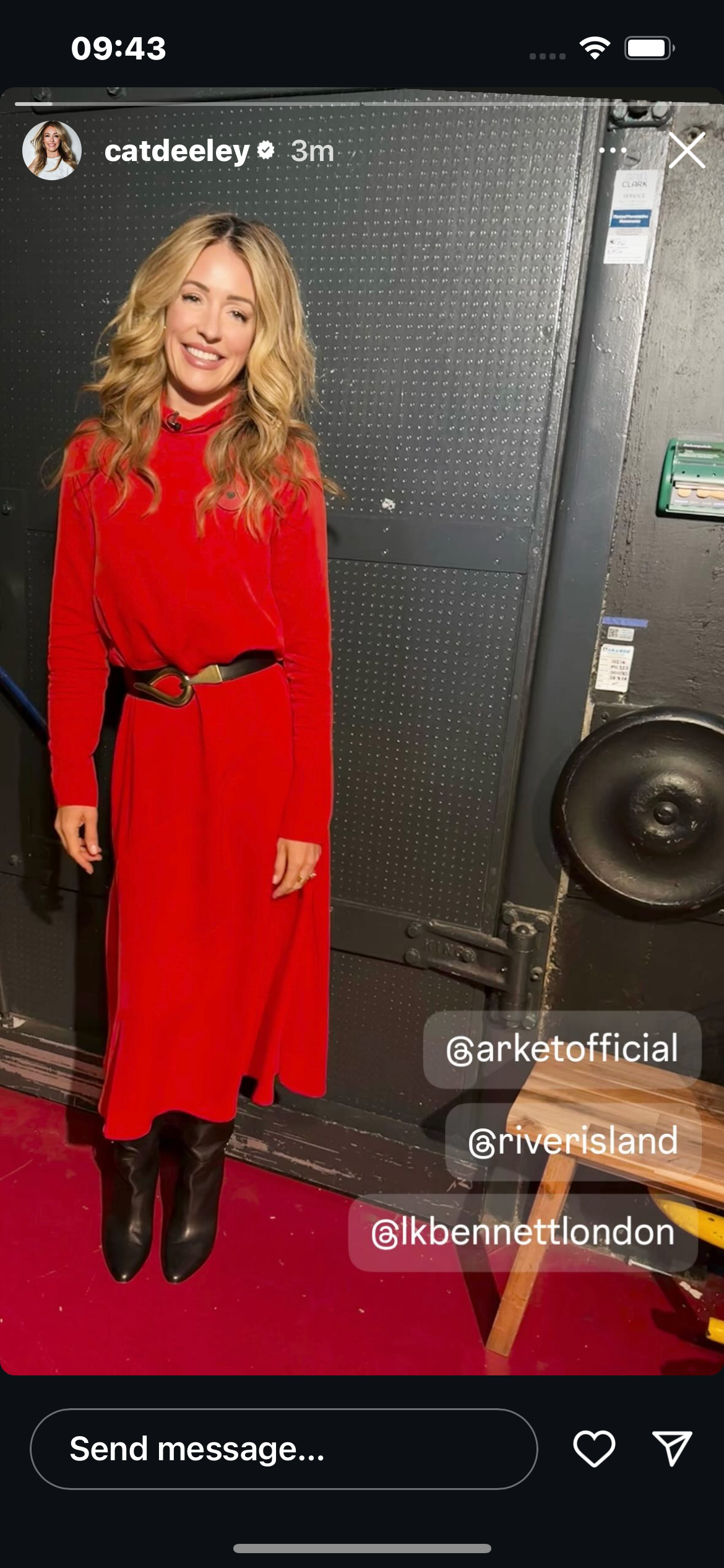 where to get all Cat Deeley this Morning outfits red roll neck maxi dress black and gold belt black boots what is Cat wearing 24 October 2024 Photo Cat Deeley