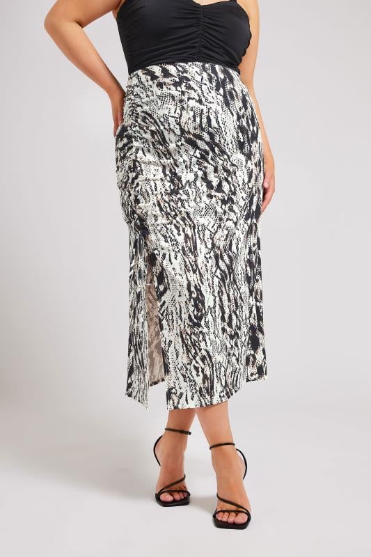 YOURS LONDON Curve White Snake Print Ruched Skirt