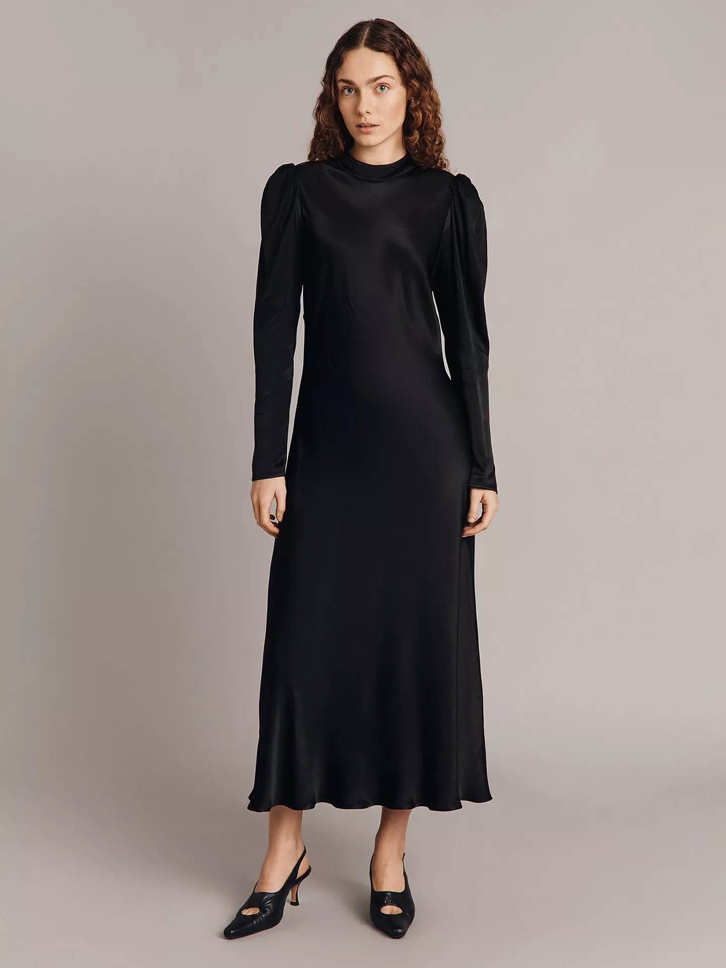 Ghost Harper Puff Sleeve Satin Midi Dress