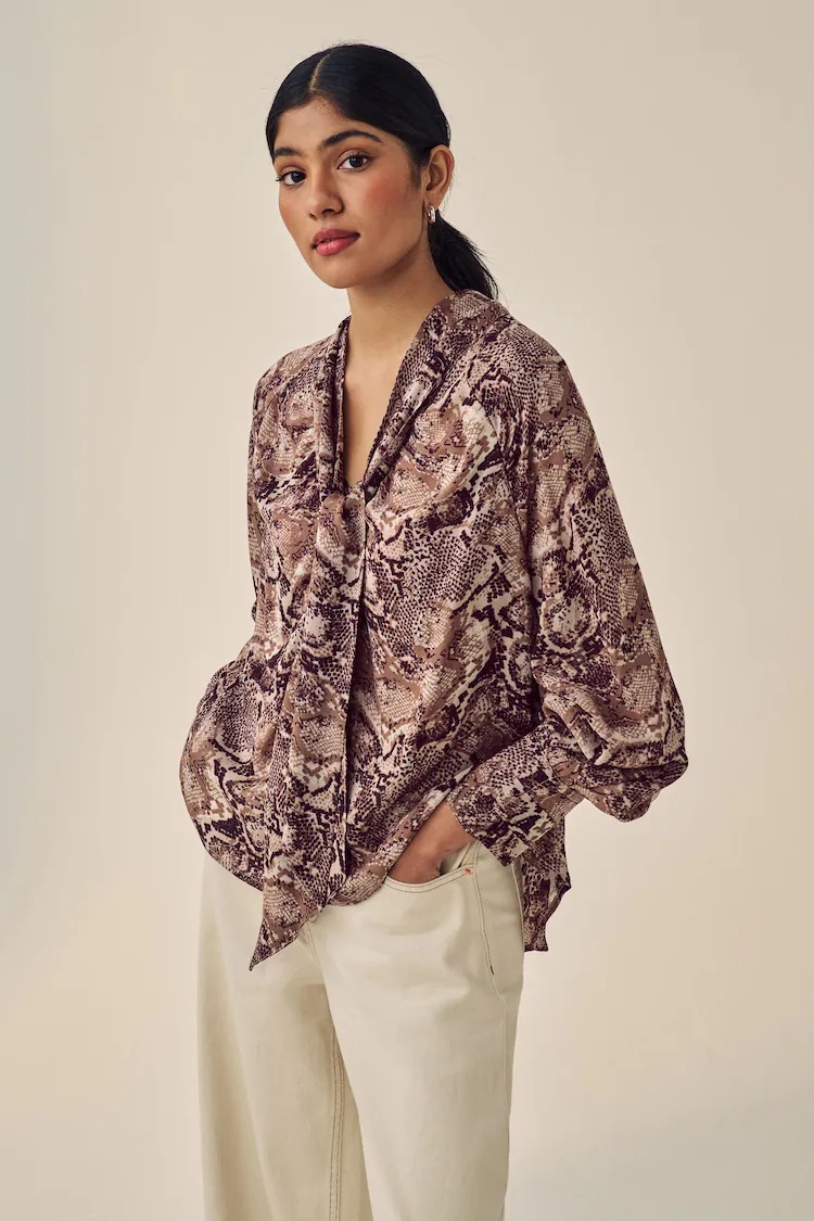 Next Brown Snake Print Long Sleeve Tie Neck Blouse