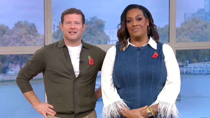where to get all Alison Hammond This Morning outfits blue denim sleeveless midi dress ivory shirt with feather trim cuffs what is alison wearing 1 November 2024 Photo ITV