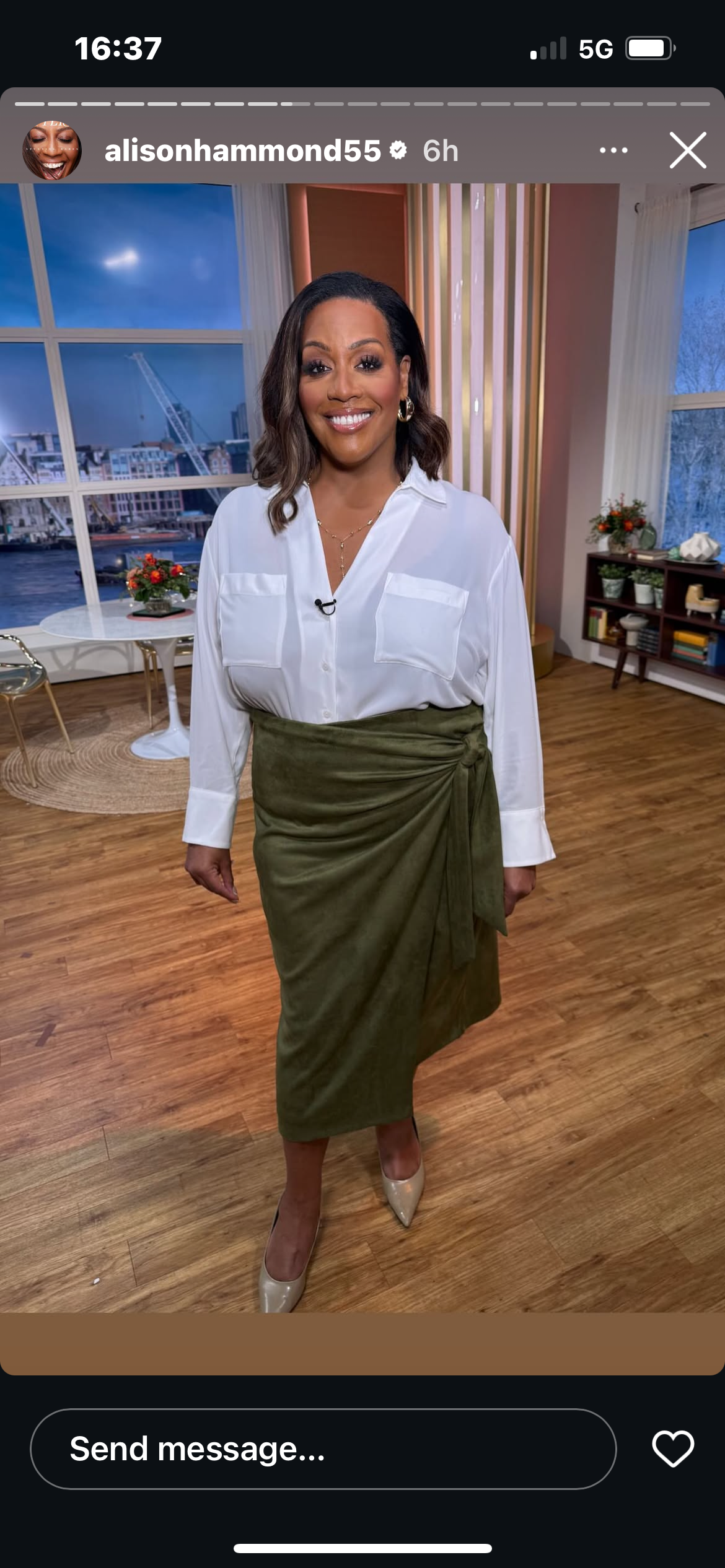 where to get all Alison Hammond This Morning outfits white shirt khaki green faux suede wrap skirt 29 November 2024 Photo Alison Hammond