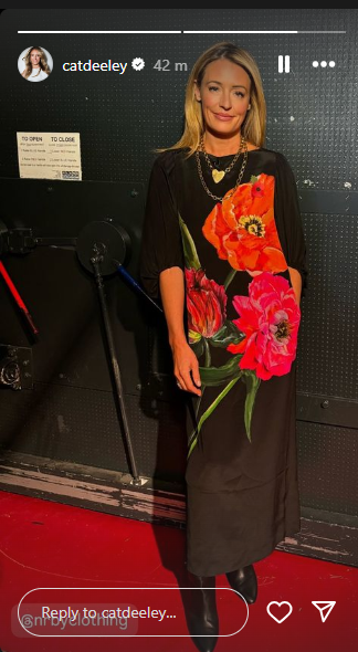 where to get all Cat Deeley this Morning outfits black arge floral print dress black boots what is Cat wearing 4 November 2024 Photo Cat Deeley