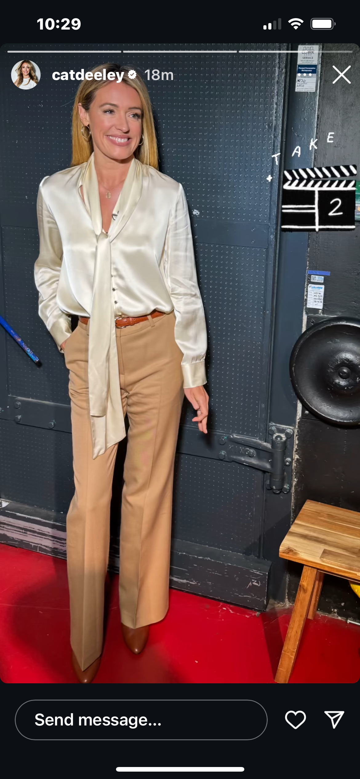 where to get all Cat Deeley this Morning outfits cream ecru satin tie neck blouse beige trousers what is Cat wearing 19 November 2024 Photo Cat Deeley