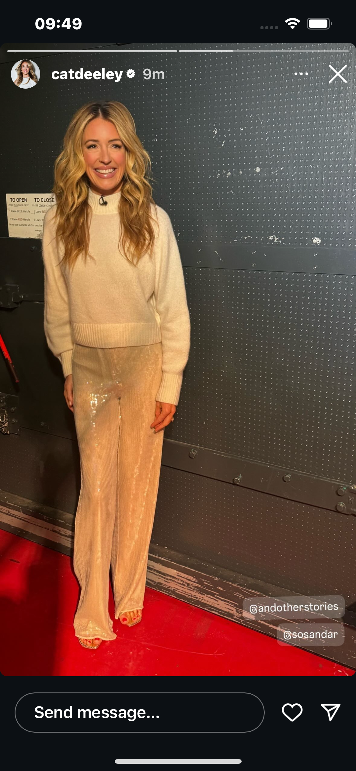 where to get all Cat Deeley this Morning outfits ivory cream roll neck knit jumper champagne sequin wide leg trousets what is Cat wearing 13 November 2024 Photo Cat Deeley