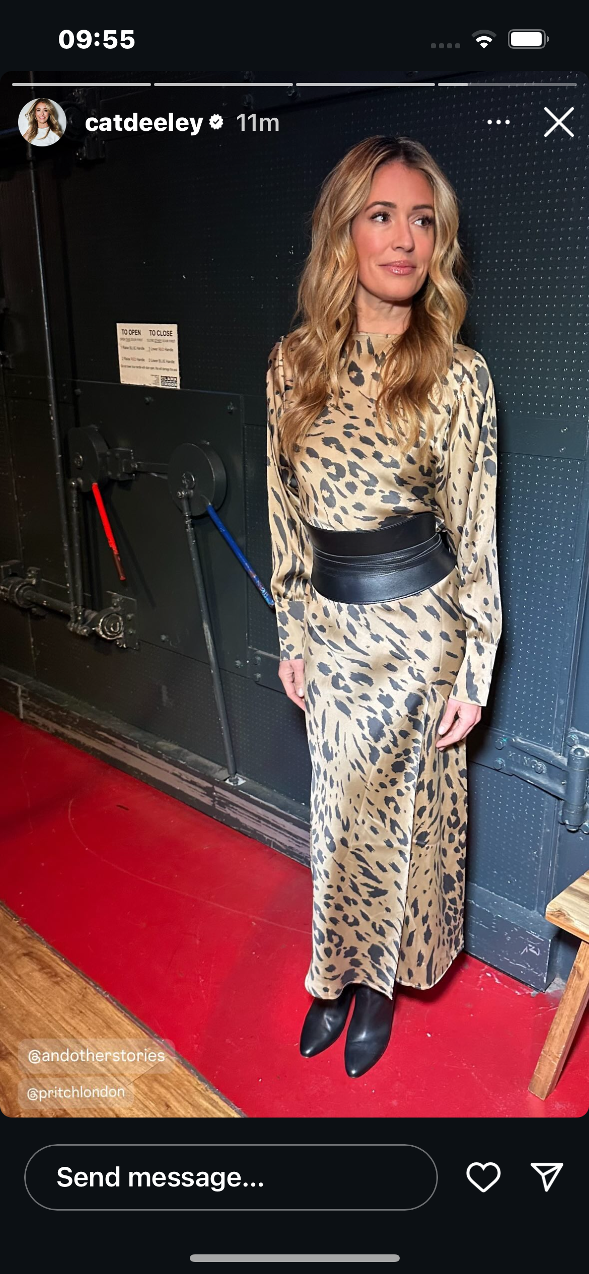 where to get all Cat Deeley this Morning outfits leopard print satin maxi dress black corset belt what is Cat wearing 20 November 2024 Photo Cat Deeley