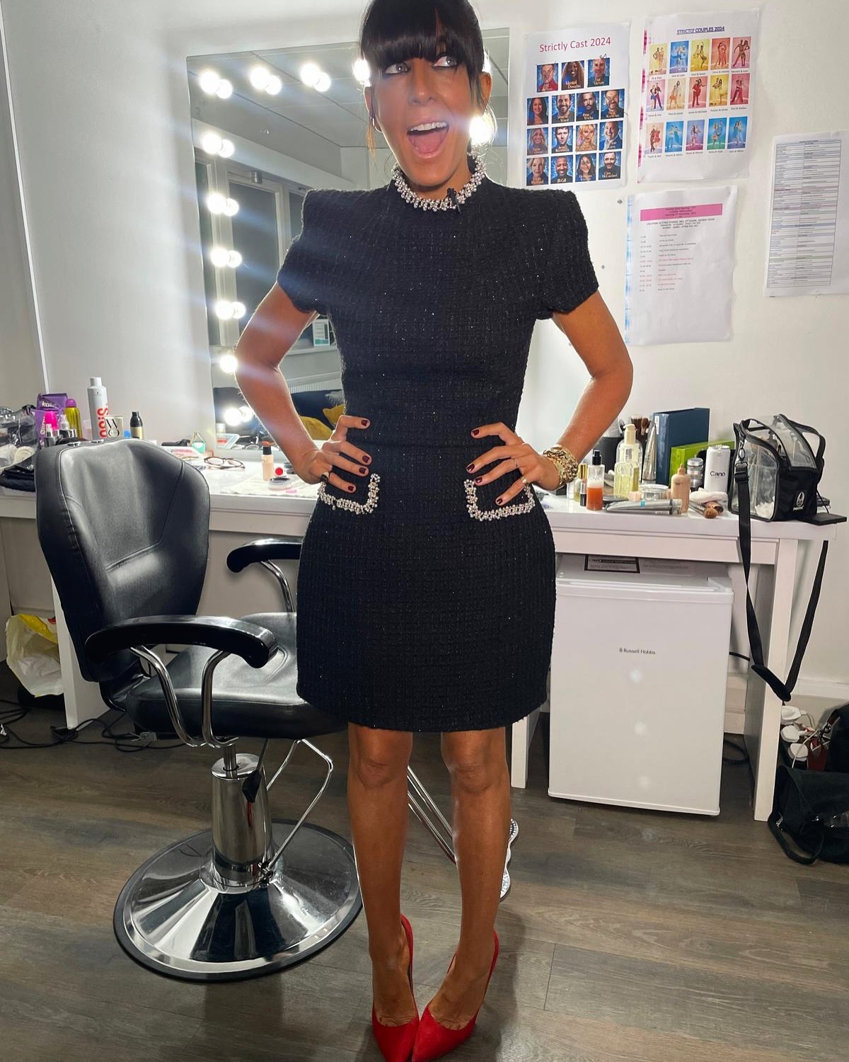 where to get all claudia Winkleman Strictly Come Dancing black tweed boucle mini dress with embellishment what is Claudia wearing 3 November 2024 Photo Sinead McKeefry