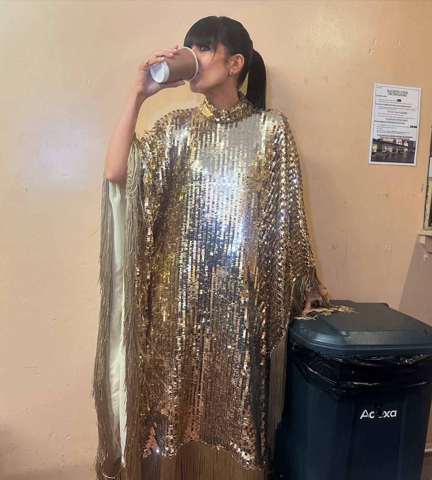 where to get all claudia Winkleman Strictly Come Dancing outfits gold sequin fringed kaftan black platform boots what is Claudia wearing 16 November 2024 Photo Sinead McKeefy