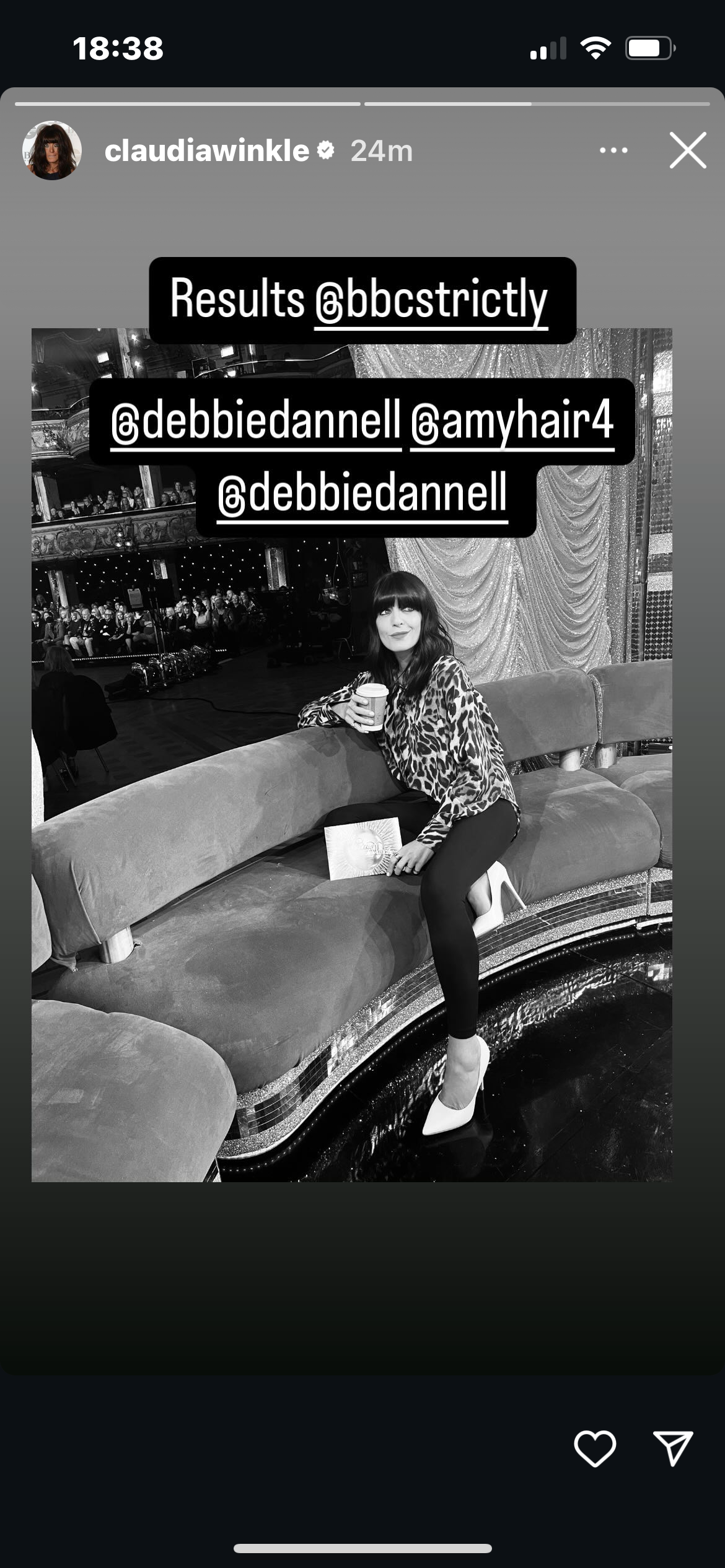 where to get all claudia Winkleman Strictly Come Dancing outfits leopard print blouse black leggings what is Claudia wearing 17 November 2024 Photo Claudia Winkleman