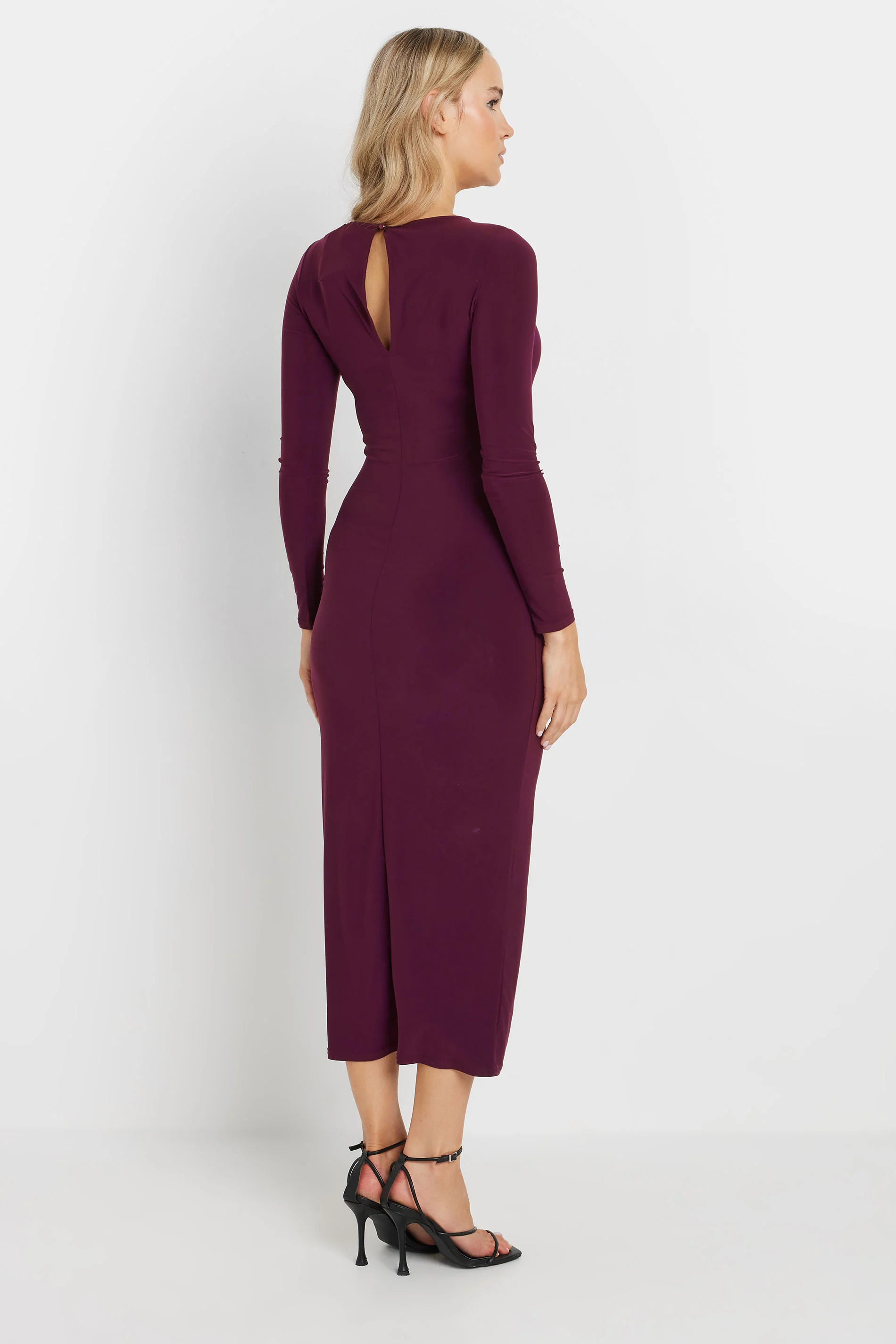 LTS Tall Burgundy Red Long Sleeve Draped Buckle Dress back view