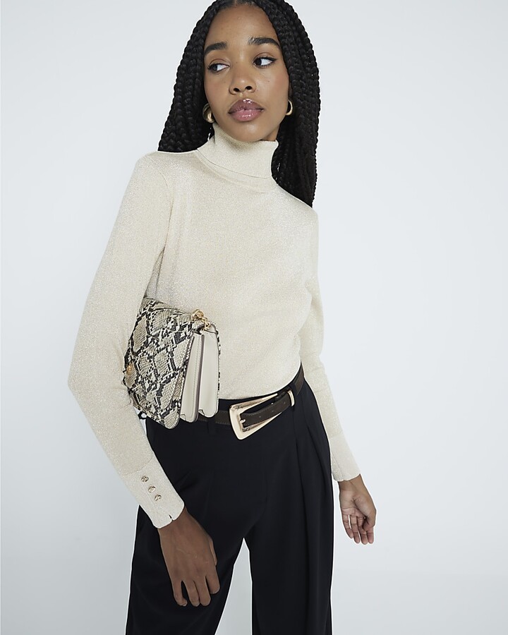 River Island Cream Glitter Roll Neck Top