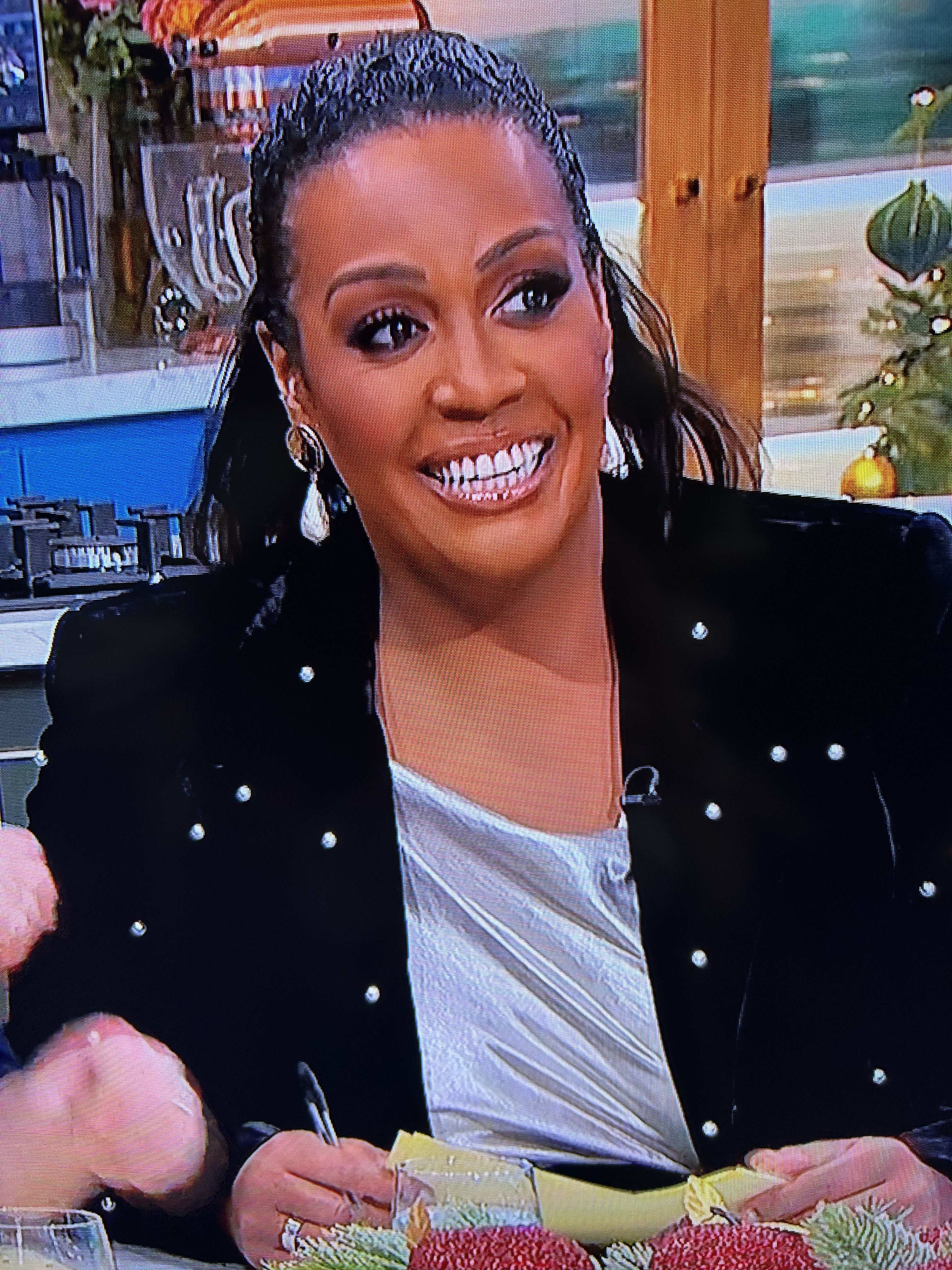where to get all Alison Hammond This Morning outfits black velvet trouser suit pearl embellished silver cowl neck to what is Alison wearing 13 December 2024 Photo ITV
