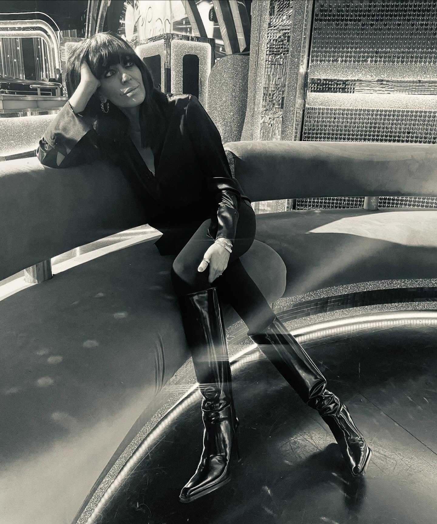 where to get all Claudia Winkleman Strictly Come Dancing outfits black silk shirt black leggings black patent knee high boots what is Claudia wearing 8 December 20204 photo Sinead McKeefry